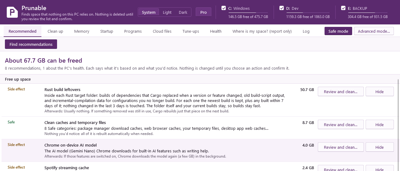 Prunable's Recommended tab: about 67.7 GB can be freed. Rust build leftovers, 50.7 GB, side effect; clean caches and temporary files, 8.7 GB, safe; Chrome's on-device AI model, 4.0 GB, side effect; each row explains itself and has Review and clean and Hide buttons.